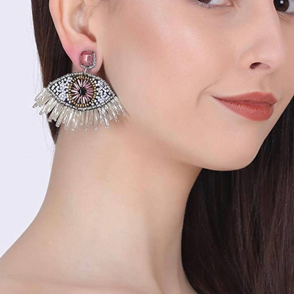 White Pink beaded jewel drop evil eye earrings
